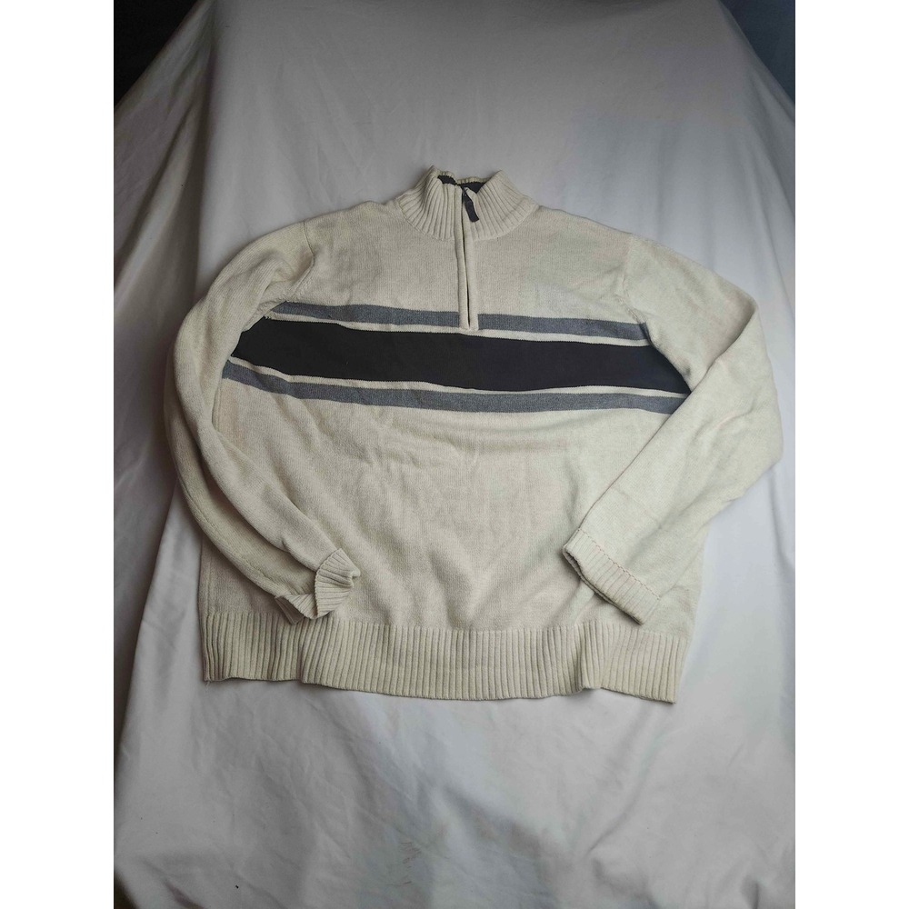 Eddie Bauer Mens XL‎ Quarter Zip Sweater Cream Navy Grey Striped